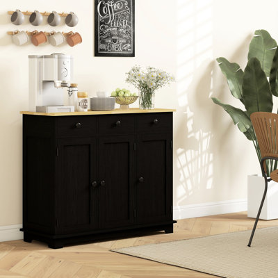 Solid Wood Countertop Cabinet - 3 Drawers, Doors, Adjustable Shelf Distressed Black For Stylish Home Sideboard With By Organized Kitchen Storage