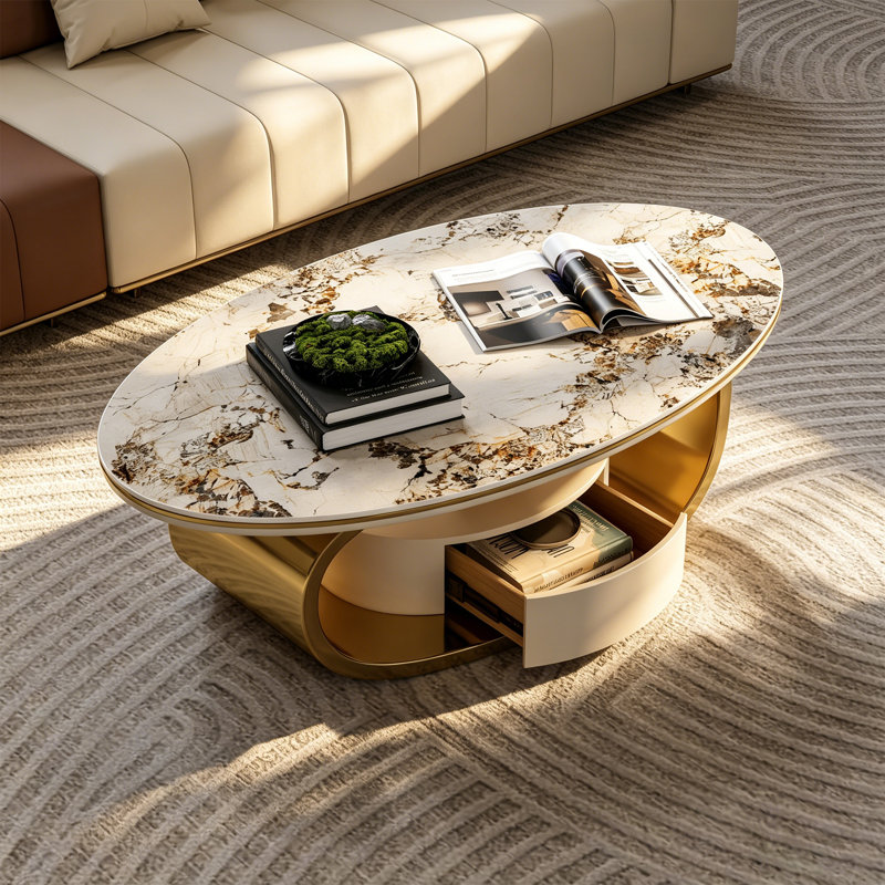 Table basse ovale contemporaine 51.18 po avec surface en pierre frittée et tiroir caché