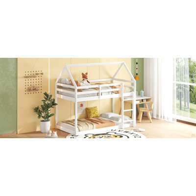 Twin Over Twin Rubber Wood Floor Bunk Bed, With Ladder,Guardrails
