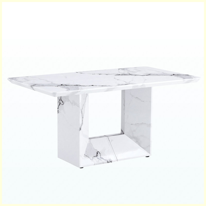 63" White Marble Pattern Dining Table, Rectangular Kitchen Table for 4-6 People, Modern Dining Room Table for Kitchen, Living Room
