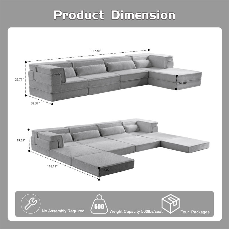 157.48" L-Shaped Sectional, White Fabric