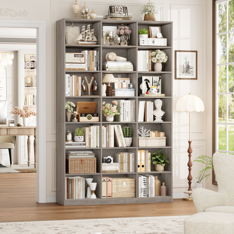 86"H X 47.2"W 7-Tier Standard Wood Storage Bookcase, Gray