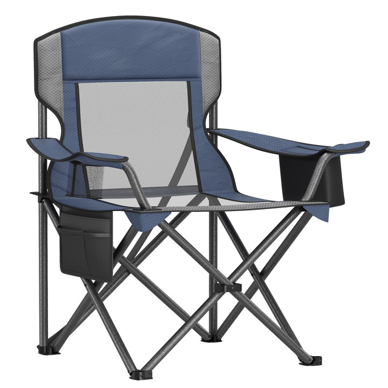 Folding Camping Chair, Oversized Chair, Adjustable Armrests With Cooler Bag, Storage Bag, Mesh Fabric, Blue
