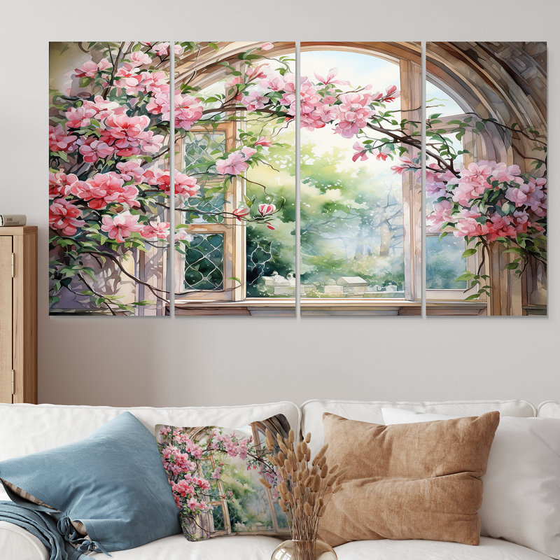 «Pink Blossoming Country Window Gaze IV», art mural 4 pièces pour salon, H 32 po x l 64 po
