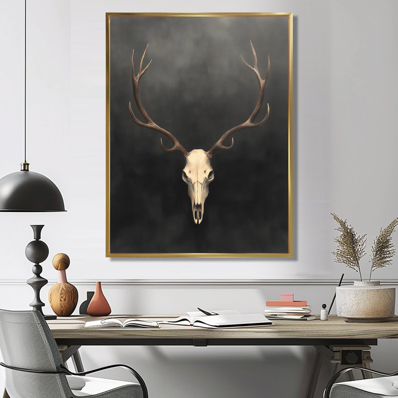 «White Antler Glow», art mural crâne blanc, H 32 po x l 16 po, Cadre flottant, Doré