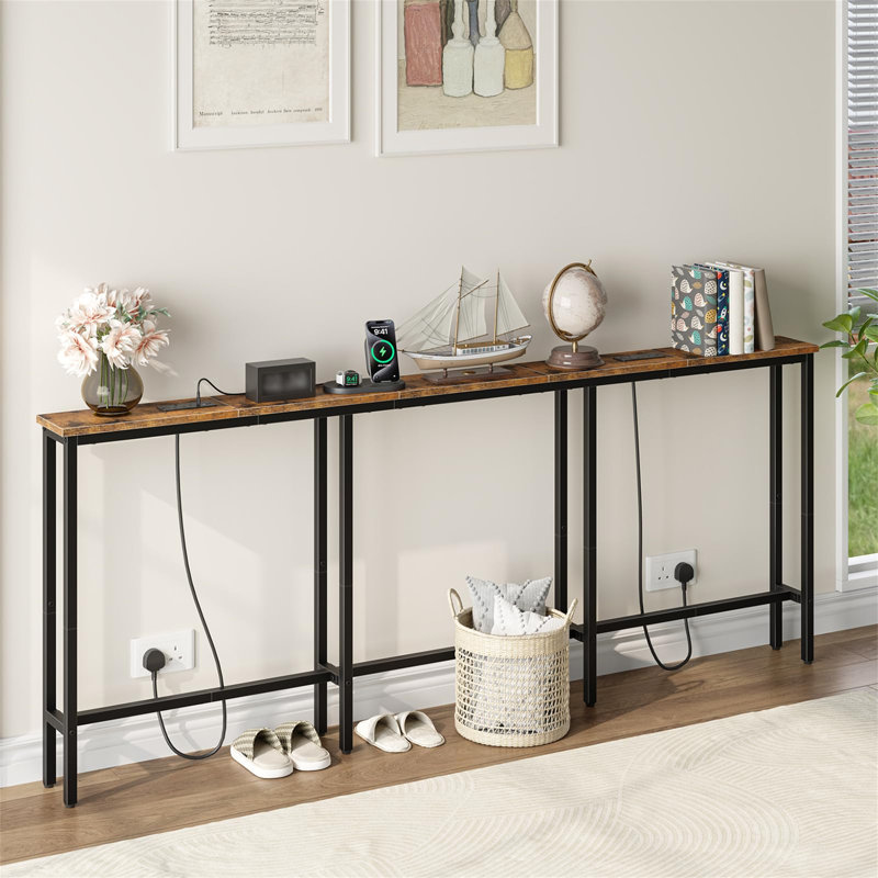 Slim Console Table with 2 Charging Stations, Rustic Brown + Black