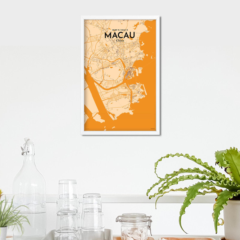 Macau, carte de la ville, impression, H 17 po x l 11 po, Orange / or pâle