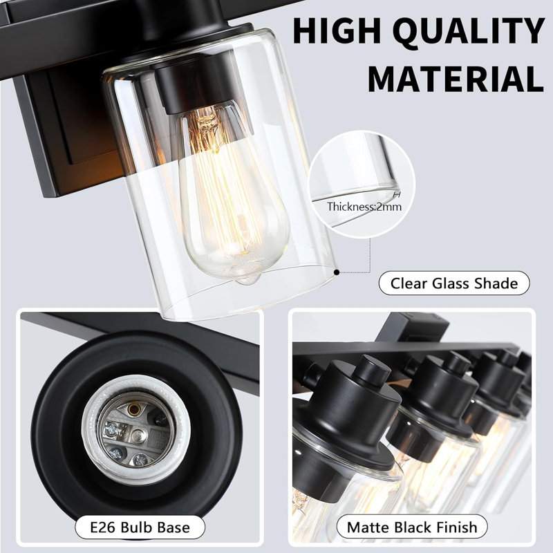 40.5 Inch Farmhouse Vanity Light Fixture - 5 Light Black Wall Sconce With Clear Glass Shades For Bathroom Mirror, Living Room, Hallway And Dressing Room