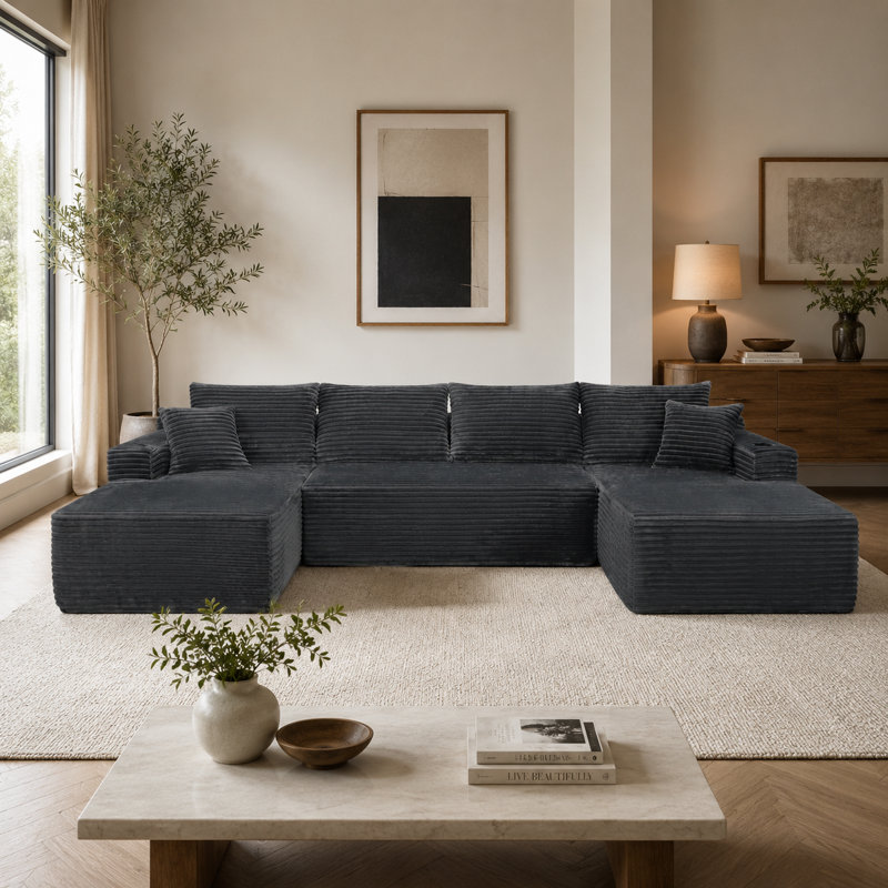 Canapé modulaire gris en forme de U de 126 po avec méridienne, poches latérales et porte-gobelets. Canapé rembourré moderne à assise profonde pour le salon et la chambre à coucher, entièrement pré-assemblé sans travaux d'assemblage.