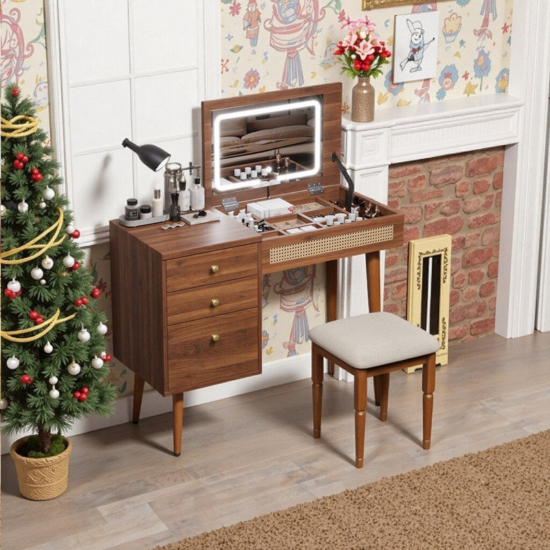 39" Wooden Makeup Vanity Desk with Adjustable LED Mirror, Flip-Top Design & Storage, Bohemian Style