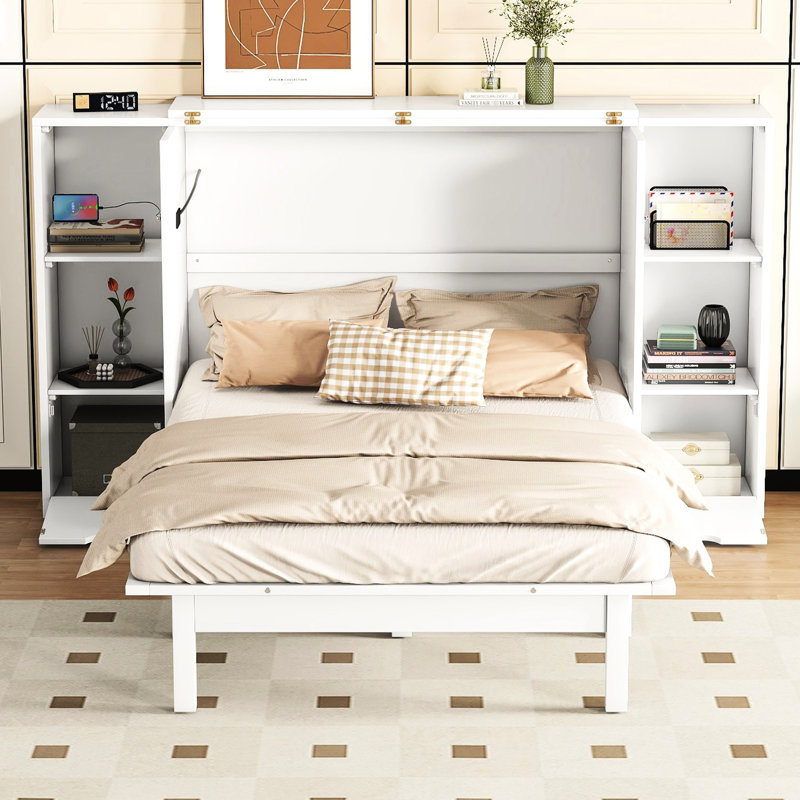 Lit grand format avec options de rangement, tablettes, tiroirs et solutions blanches, Blanc, Grand lit
