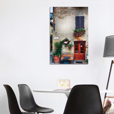 Quaint Restaurant Building In Pienza, Tuscany, Italy by George Oze - Wrapped Canvas Print