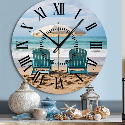 Beach Chairs Scenery III - Nautical & Beach Black Face Wall Clock