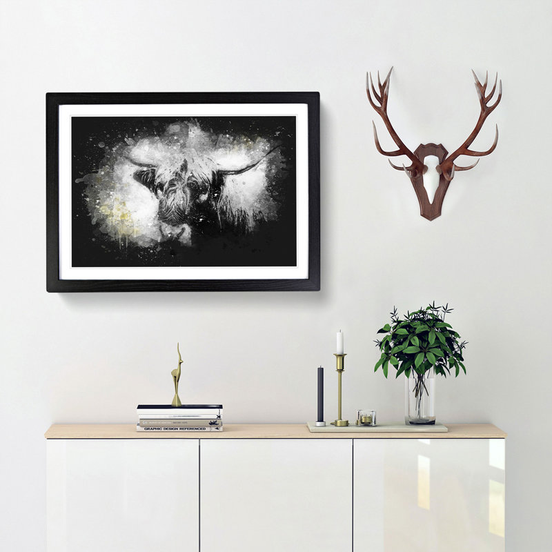 Paint Splattered Highland Cow Framed Print, 60cm H x 91cm W x 2cm D, Black Framed