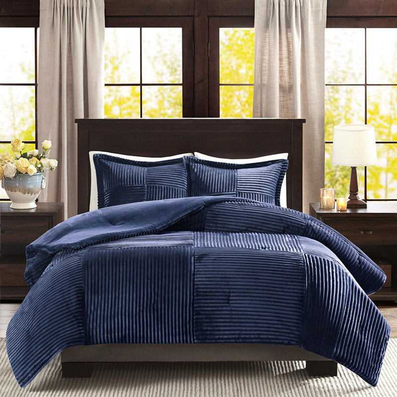 Édredon bleu marine très grand, rembourrage en duvet synthétique, devant côtelé, envers uni, lavable à la machine, 1 et 2 taies décoratives avec face,