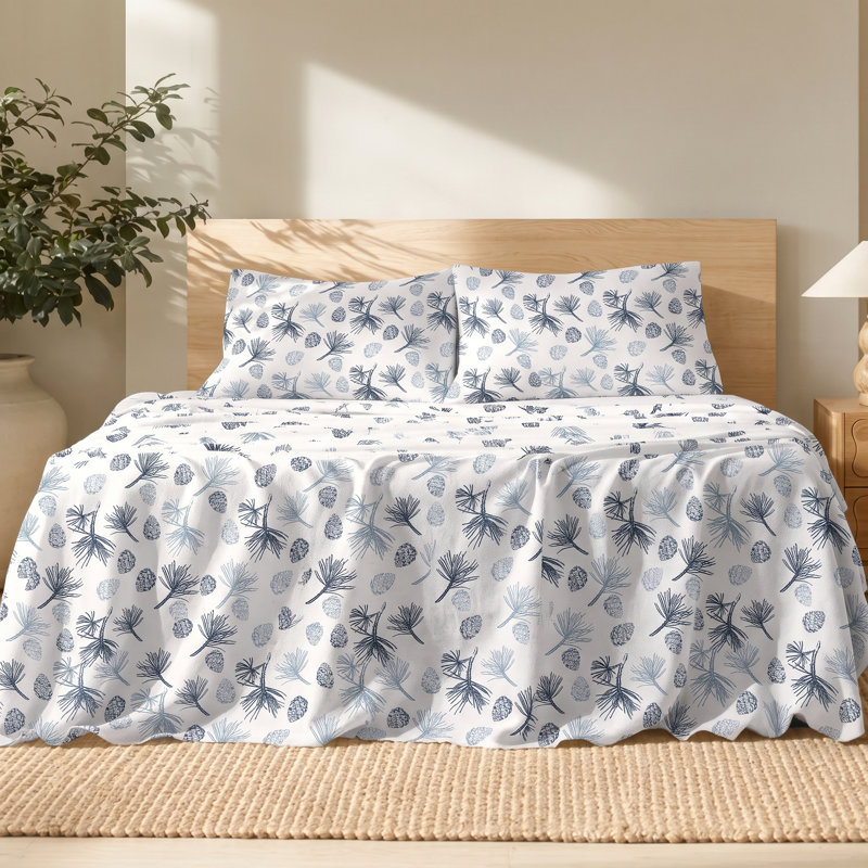 Ensemble de draps en flanelle à motif de pommes de pin, format queen - 100 % coton, 4 pièces, doux et confortable, poches profondes, literie d'hiver