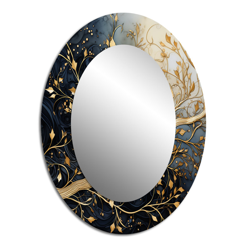 Golden Branch Tree Luminous Leave - Grey light Blue Floral  Wall Mirror, Modern Mirror, Printed Metal Art, 36" x 24", Oval