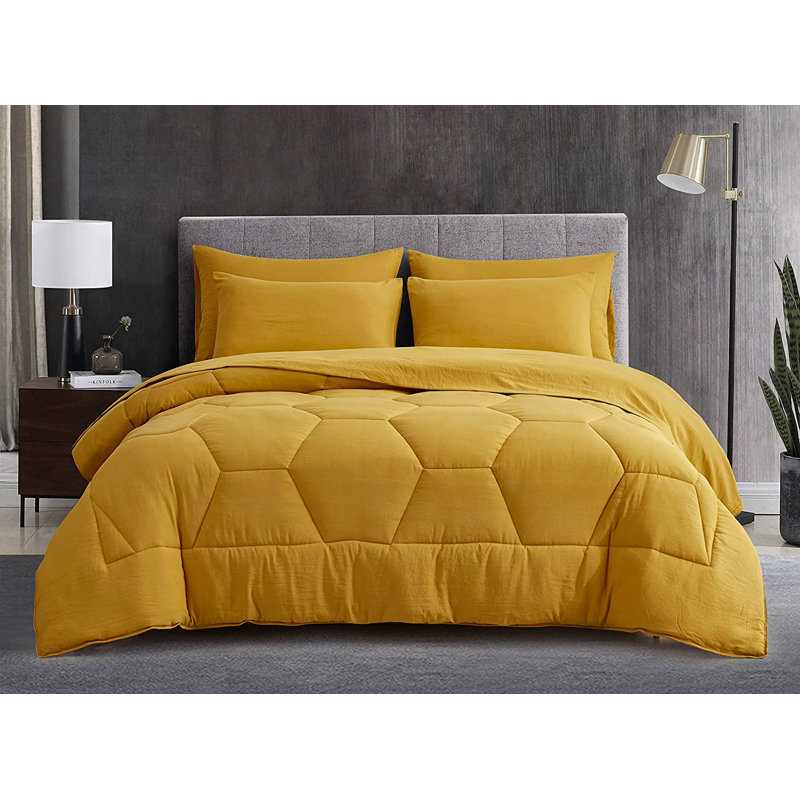Washed Microfiber 7-Pieces Honeycomb Comforter Set with Sheets, King Comforter + 6 Additional Pieces, Mustard Yellow