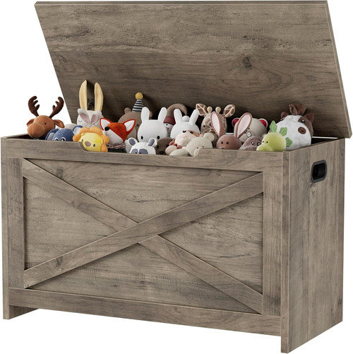 30" Wooden Storage Bench with Safety Hinge, Large Toy Chest for Entryway, Living Room & Bedroom, Gray