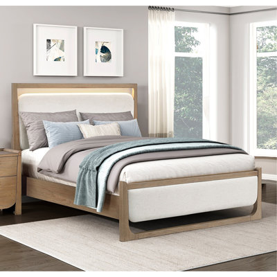 1Pc Modern Light Brown Finish Upholstered LED Bed Queen Size Stunning Design Wooden Bedroom Furniture