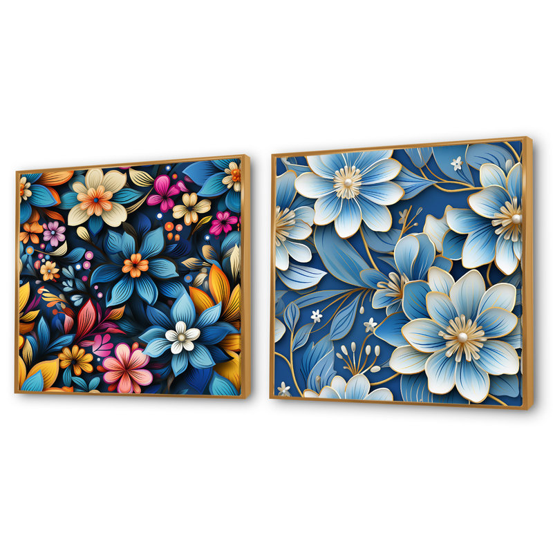 Hashimoto - Ensemble de 2 collages carrés botaniques abstraits, H 16 po x l 33 po, Cadre flottant doré