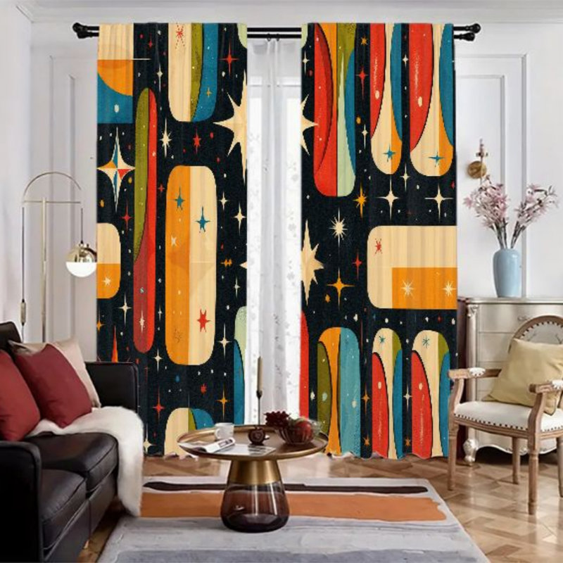 2Pcs Mid Century Modern Abstract Curtains, Retro Atomic Geometric Pattern Rod Pocket Window Drapes,  Light Filtering Curtain for Living Bedroom Kitchen, Decorative Treatment