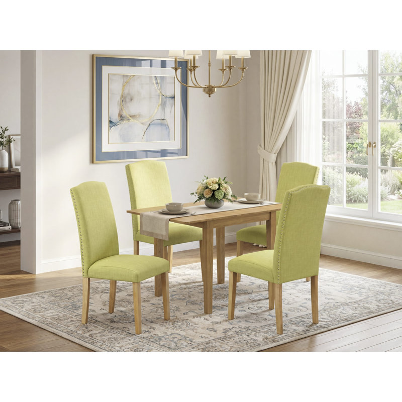  Ensemble de coin repas 3 pièces pour petits espaces comprenant une table de salle à manger rectangulaire avec Dropleaf et 2 chaises Parson Limelight en tissu de lin, 30 x 48 pouces, chêne