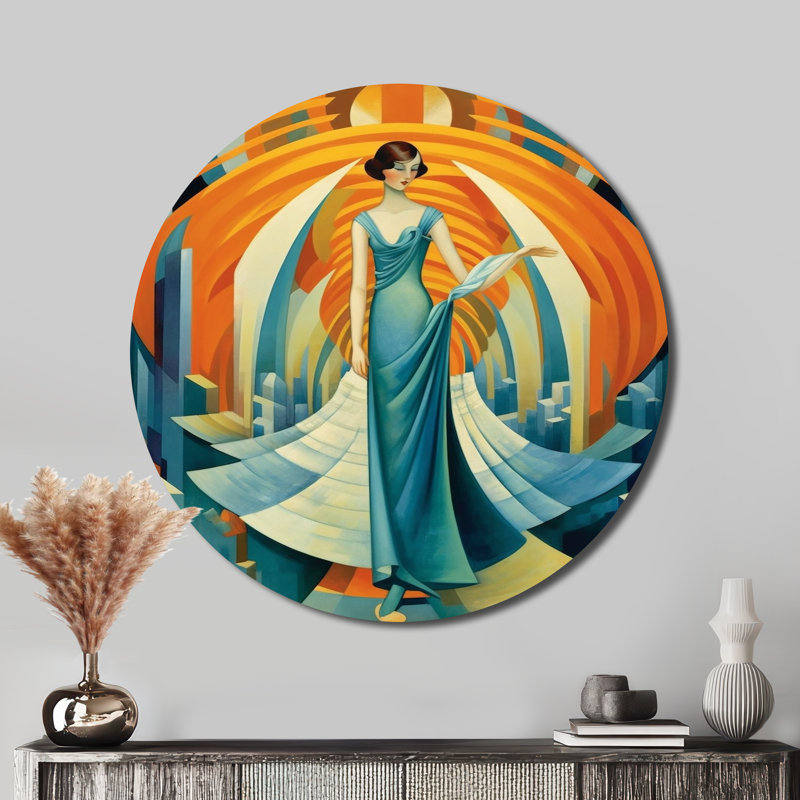 Art déco cosmopolite gracieuse danseuse en bleu - mode ronde en métal, H 36 po x l 36 po