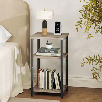 Table d'appoint, petite table de chevet pour petits espaces | Étagères de rangement ouvertes à 3 niveaux avec structure métallique, style industriel, chambre, gris