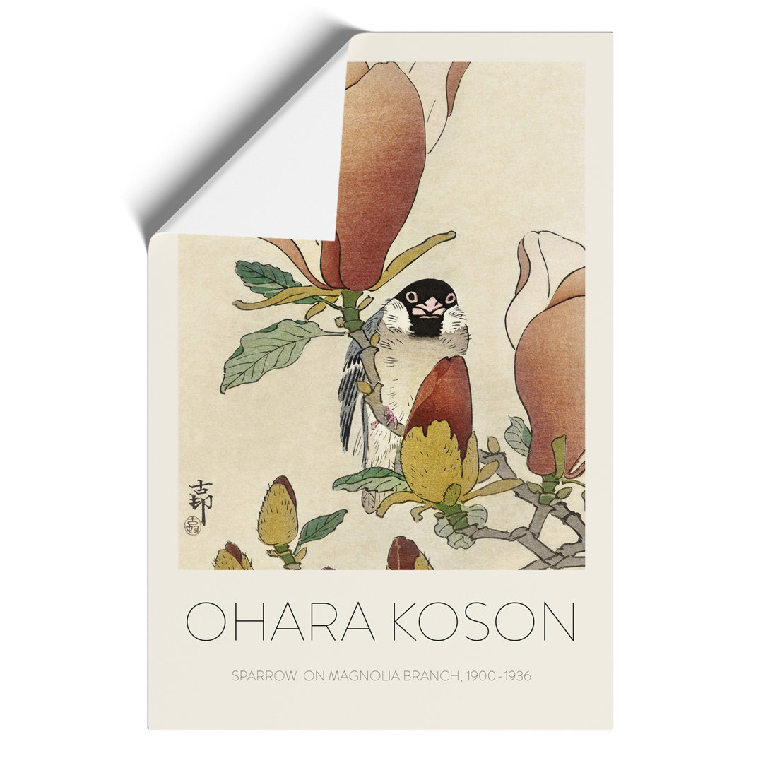 Sparrow Bird upon Magnolia Branch Print by Ohara Koson - Frameless Print