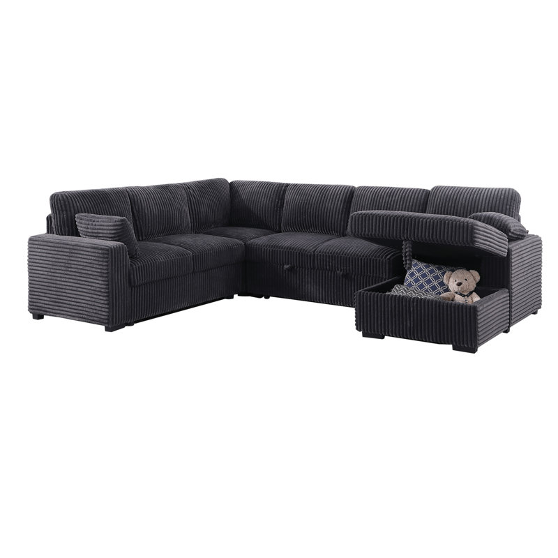 Oversized U-Shaped Sectional Sofa Bed Pull Out Sleeper Couch With Storage Chaise For Living Room, Dark Gray Polyester