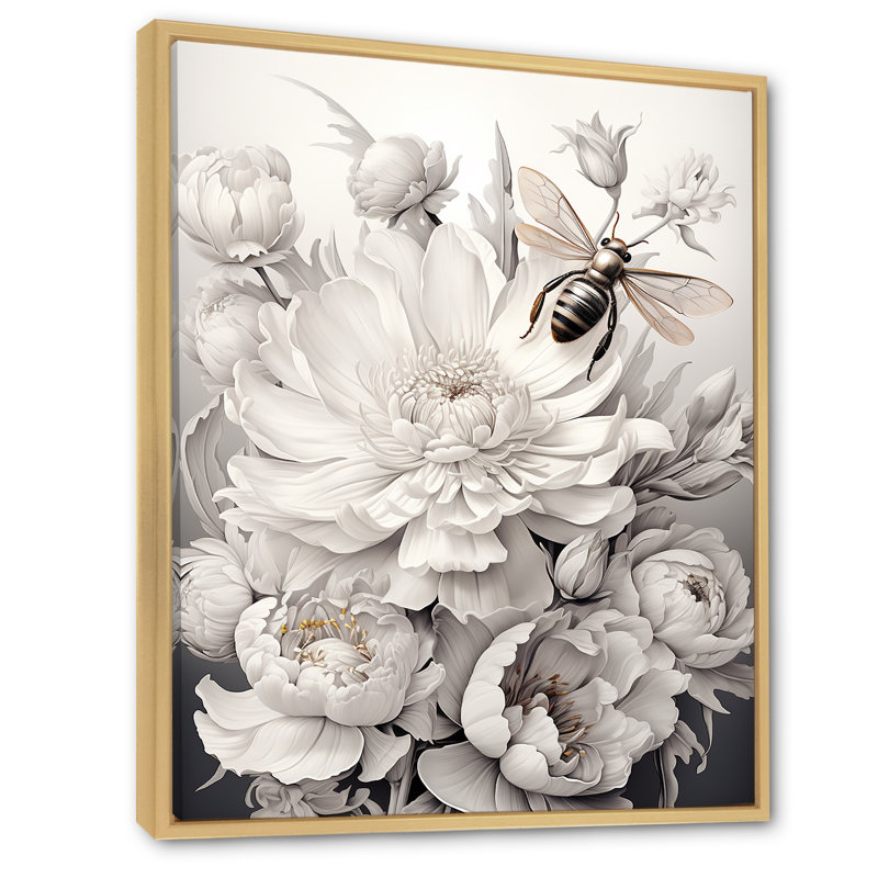 «White Buzzing Bees Flowers 2», art mural insectes et insectes, Cadre flottant brun, H 40 po x l 30 po x P 1,5 po