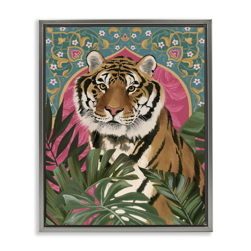 «Arabesque Tiger & Plants» par Cat Thurman Designs, Cadre flottant gris lustré, H 21 po x l 17 po