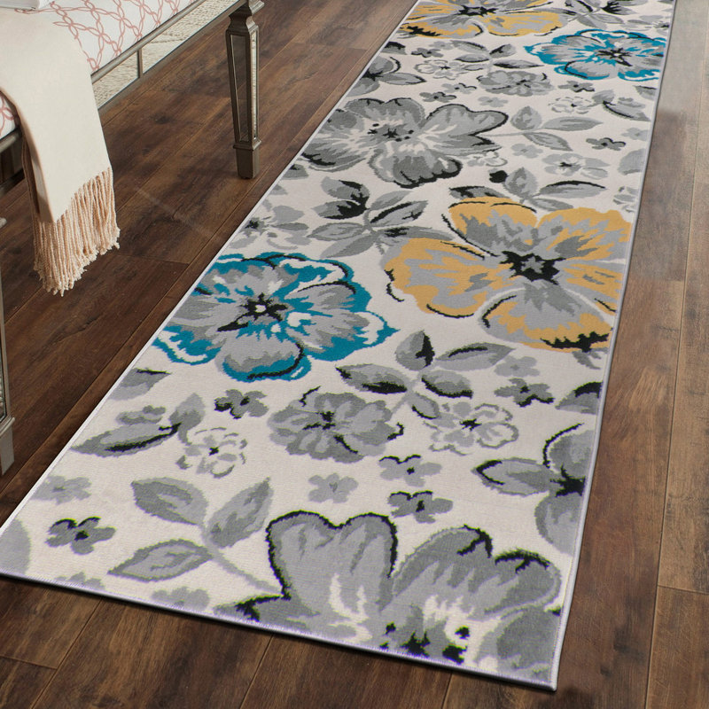 Modern Floral Cream/Yellow/Blue Performance Area Rug, Runner 2' X 10'