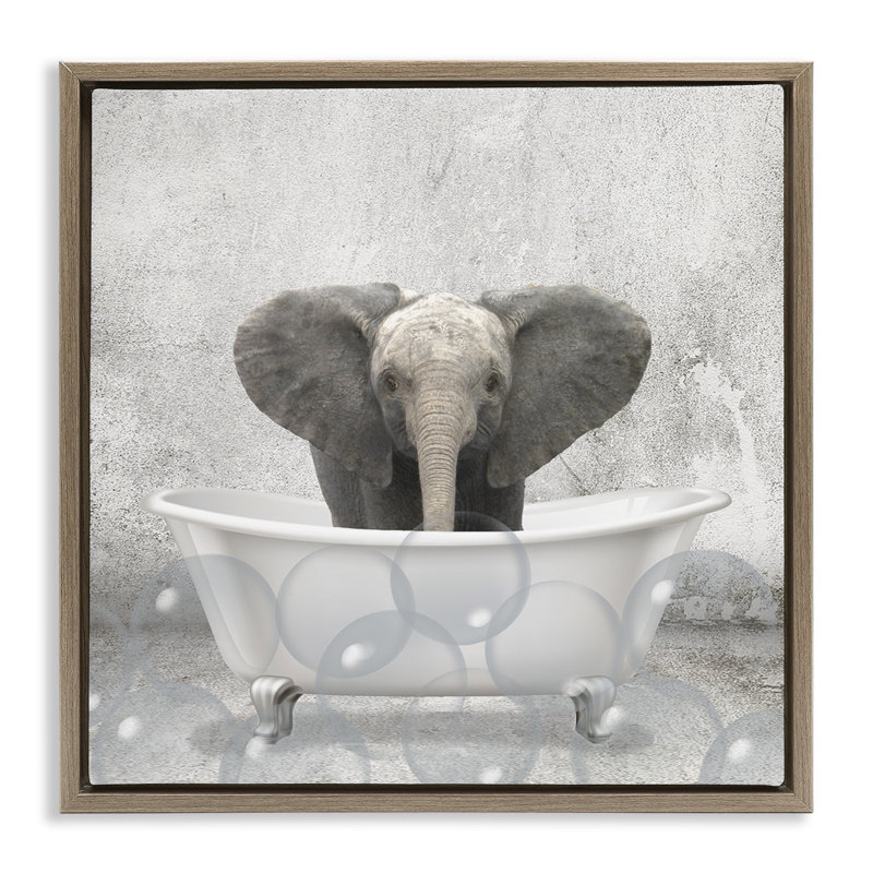 "Baby Elephant Bath Time", art mural sur toile flottante par Kim Allen, H 18 po x l 18 po, Cadre flottant orme Montalcino