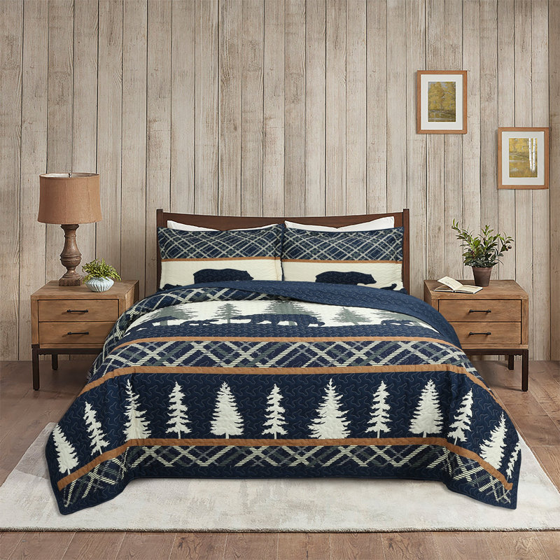 King Blue Reversible Rustic Lodge Quilt Set