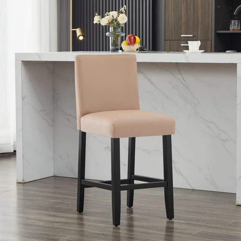 Tabouret de comptoir rembourré de 26 po avec structure en bois massif, 2, Brun clair / similicuir