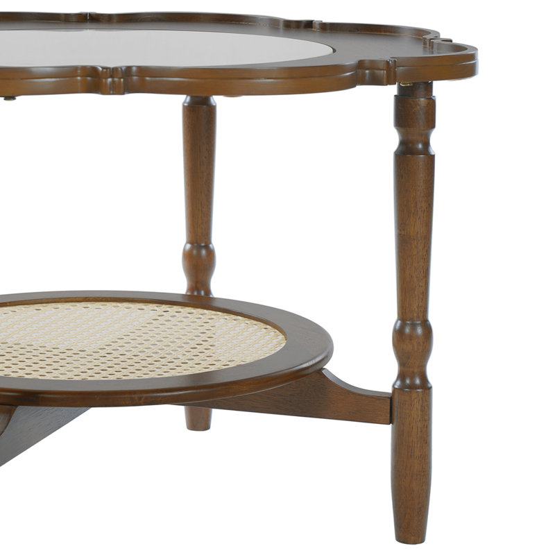 Table basse de style Mid-Century avec forme de pétale et verre à motif craquelé blanc, table basse à 2 niveaux avec rotin, noyer, 31,5 po