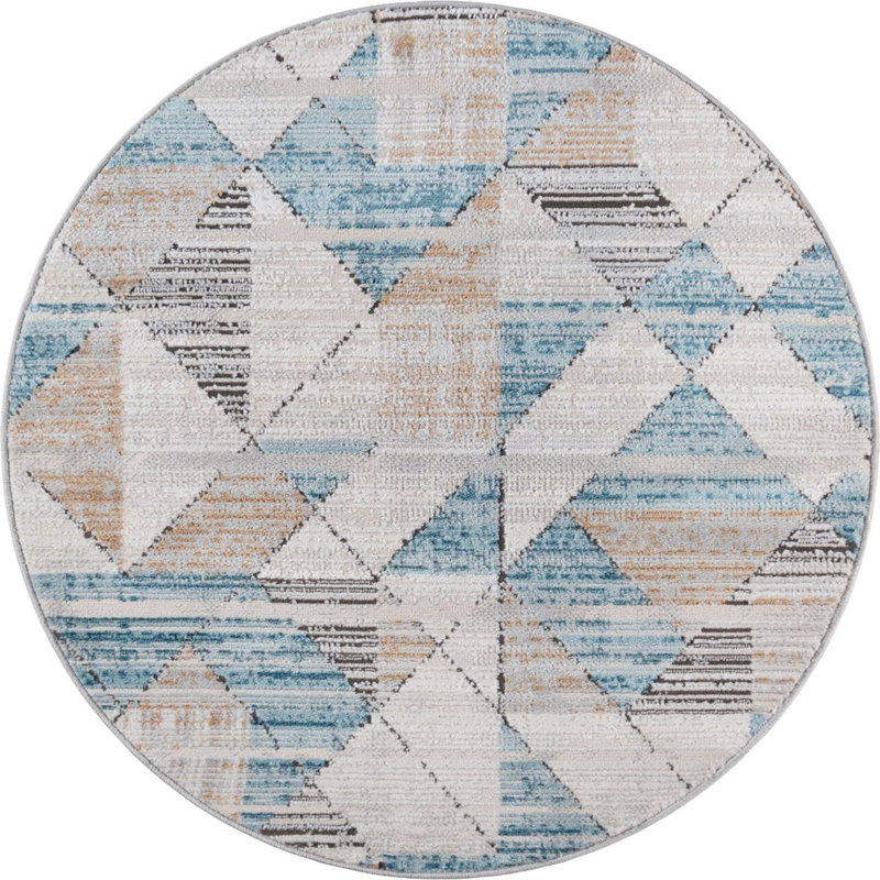  Tapis géométrique beige / bleu, Rond 3 pi 3 po
