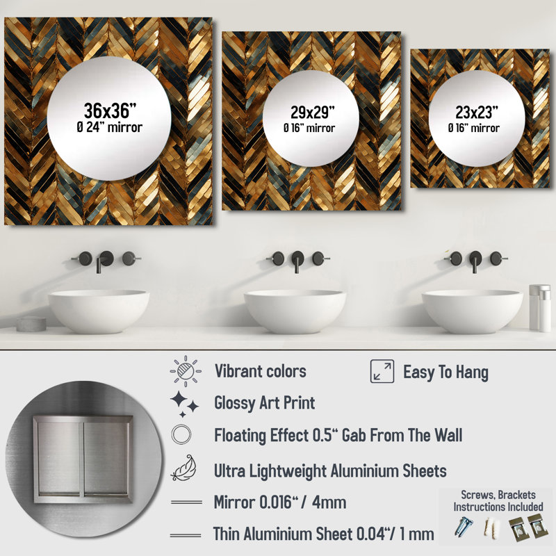 Or et noir doré chevron Reverie - miroir mural carré moderne pour la chambre à coucher, 23 po x 23 po