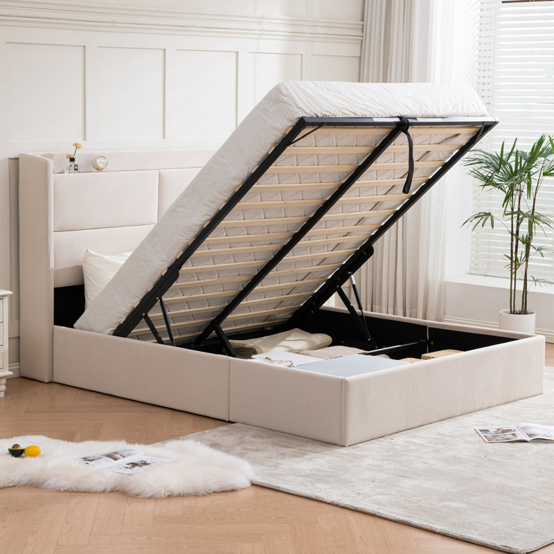 Lit plateforme tapissier avec levage hydraulique, Double, Beige