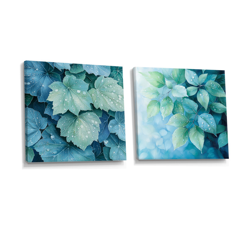 «Morning Dewy Leaves I» - art mural feuilles - ensemble de 2 décorations murales traditionnelles, H 16 po x l 33 po