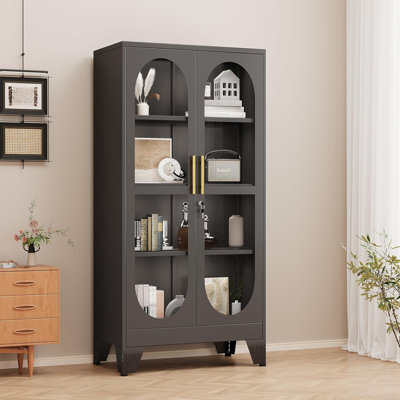61" Tall Metal Curio Cabinet, Display Cabinet with Glass Door, 4 Tier Liquor Cabinet with 3 Adjustable Shelves, Locking Glass Display Case for Collect