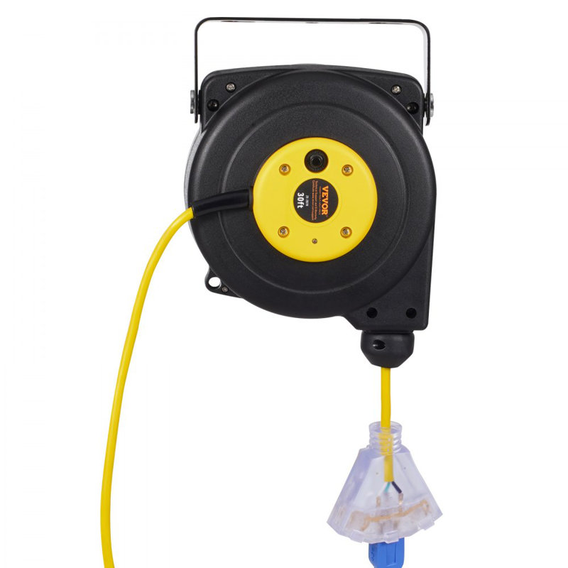Enrouleur de cordon d'alimentation rétractable 30FT 16AWG / 3C SJTOW, Noir / Jaune