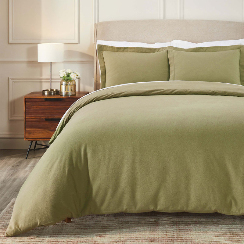 Ensemble de housse de couette chaude 100% flanelle de coton Rome, Housse de couette simple + 1 taie décorative stan, Sauge
