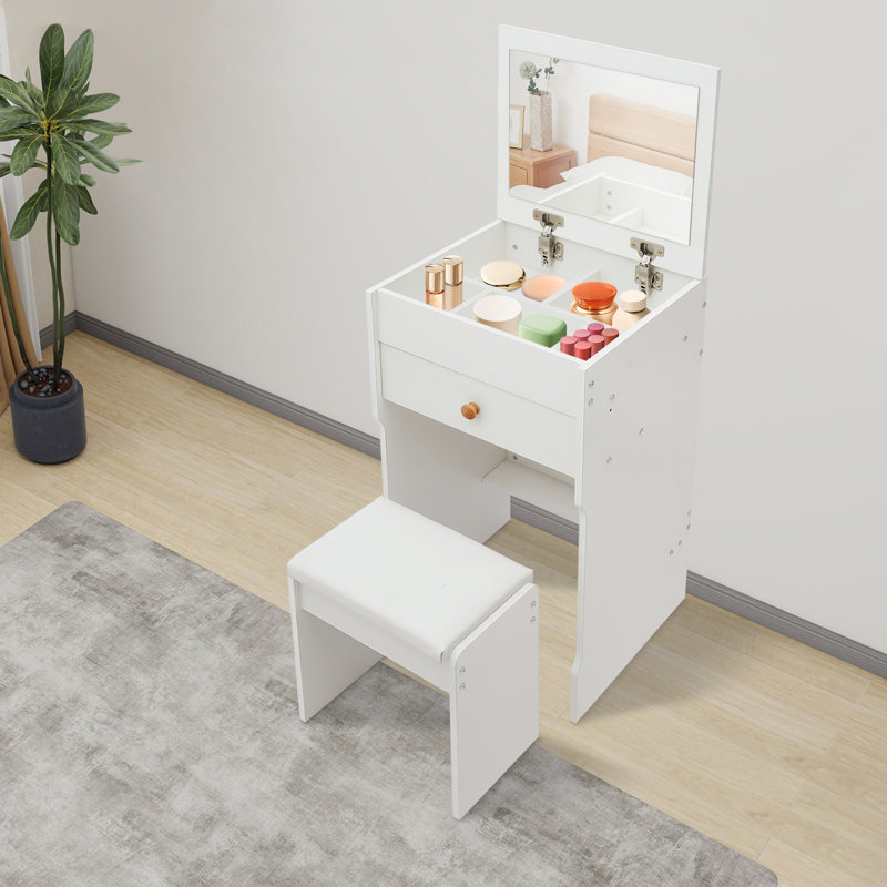 Table de coiffeuse avec miroir et tabouret, Blanc