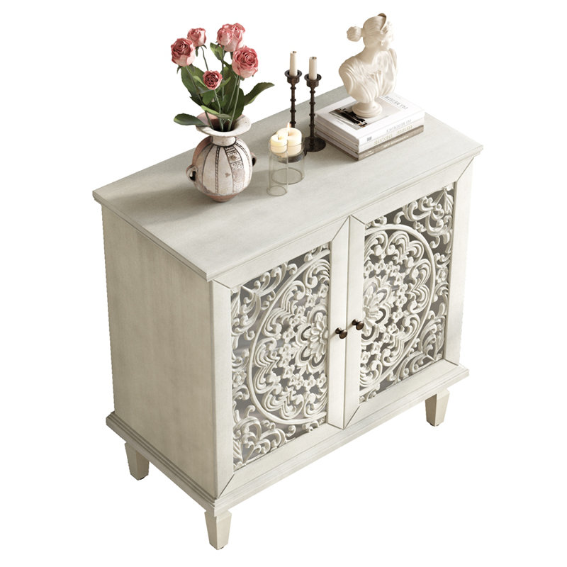 Vintage Hollow-Carved Accent Cabinet, 2-Door Display Storage Sideboard with Symmetrical Floral Design, Adjustable Shelf and Solid Wood Legs
