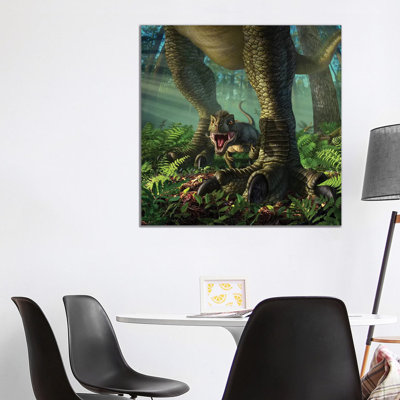 A Baby Tyrannosaurus Rex Roars While Safely Standing Between It's Mother's Legs by Jerry LoFaro - Wrapped Canvas Painting