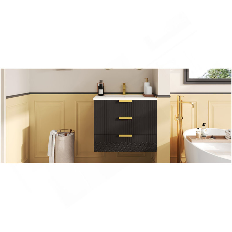 24Inch Wall Mounted Floating Cabinet W/Double Drawer, Floating Rectangular Vanity Small Bathroom Sink With Single Faucet Hole And Overflow, Modern Bathroom Cabinet With Ceramic Basin Sink
