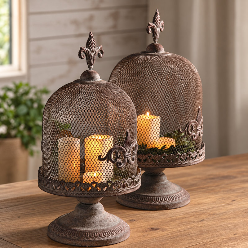 Vintage Mesh Metal Cloche Candle Holder, Decorative Birdcage Style Candle Lantern with Pedestal Base, Antique Tabletop Candleholder for Wedding, Farmhouse & Rustic Home Decor